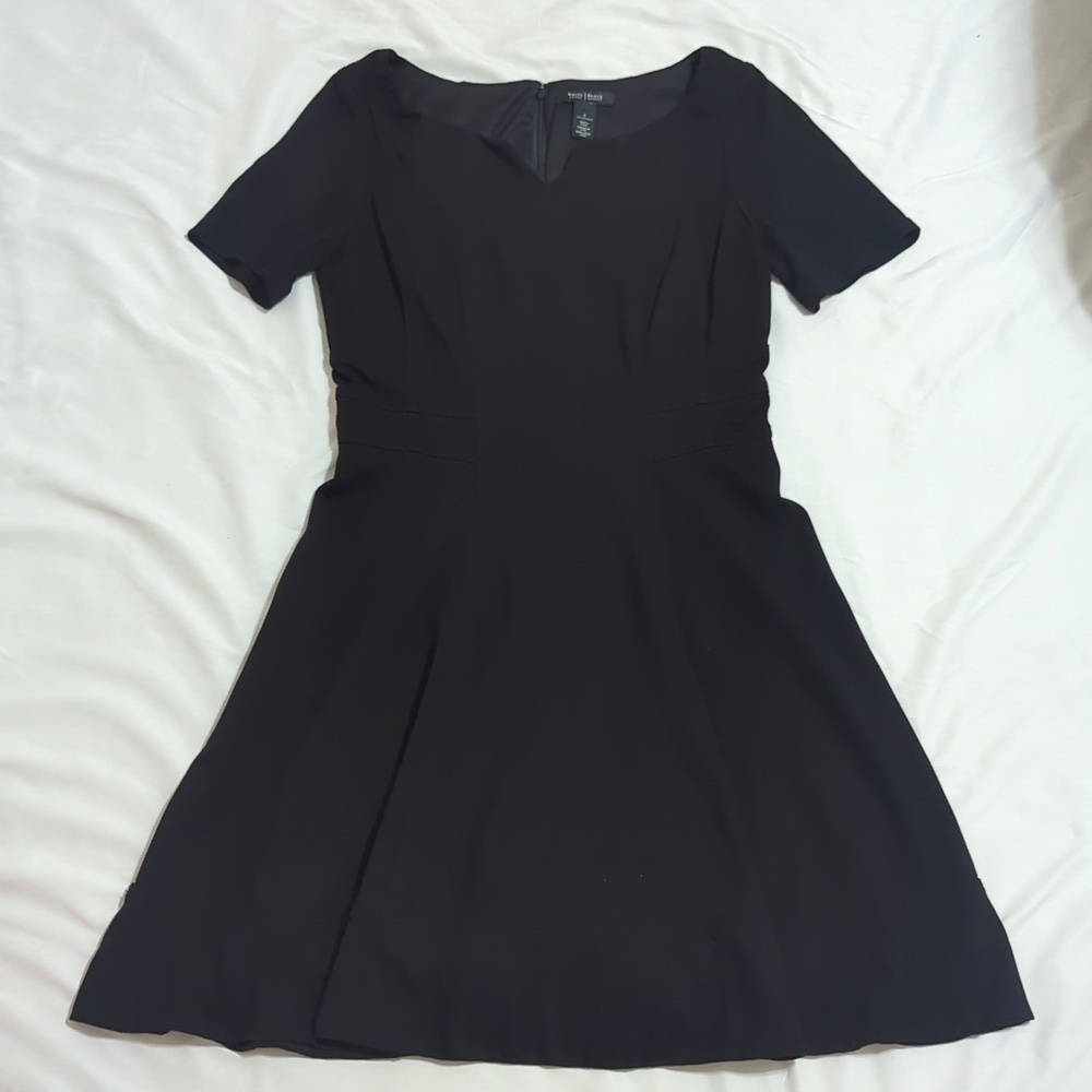 WHBM Short Sleeve V-Notch Midi Dress, Color Black Size 8